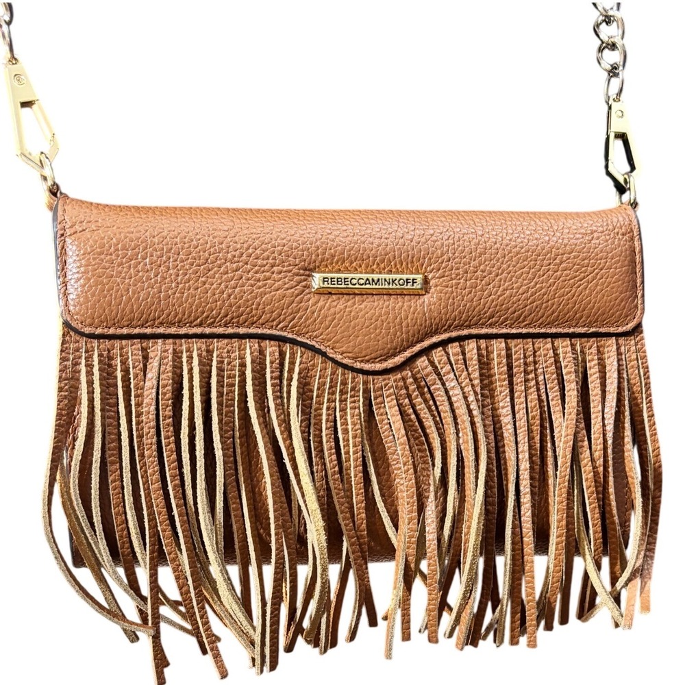 Rebecca Minkoff Tan Leather Fringe Crossbody Wallet Chain Shoulder Bag‎